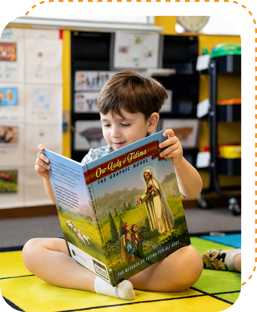 Child reading a graphic novel in classroom.