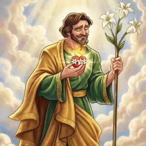 Serene figure with heart and lily flowers