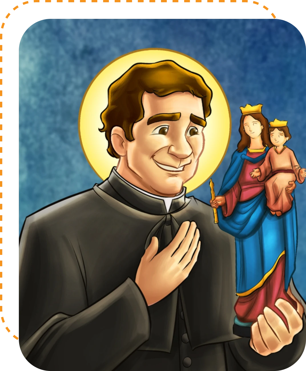 Religious figure with halo and statue