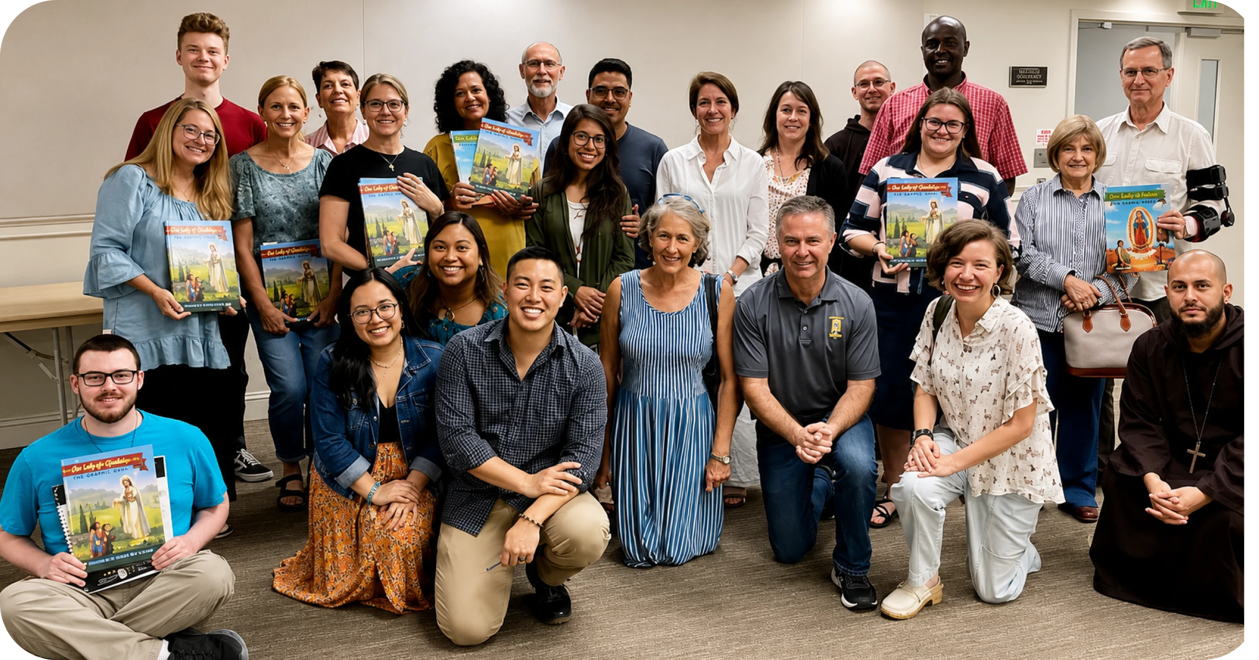 Smiling group holding illustrated books