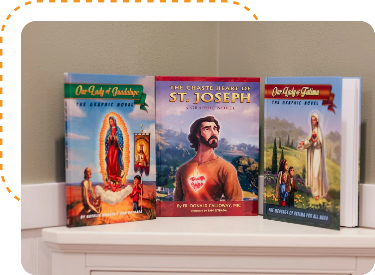 Religious graphic novels on a shelf