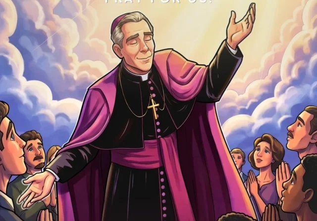 Bishop in prayer with followers